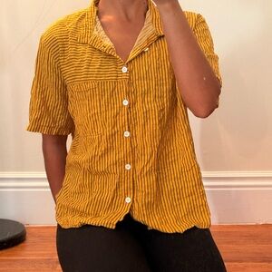 Vintage Mustard Yellow Striped Button-Front Women's Top